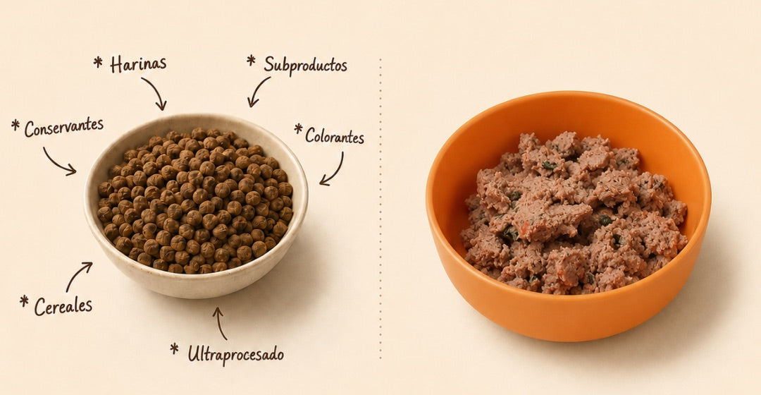 Bowl de pellet con asteriscos (harinas, conservantes, colorantes, subproductos) versus bowl con comida real Barku